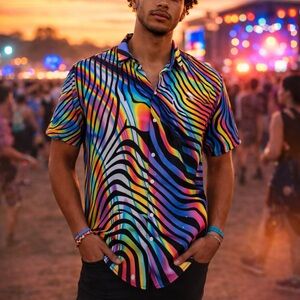 Men’s Rainbow Zebra Psychedelic Button Up Shirt Large Festival Rave Party